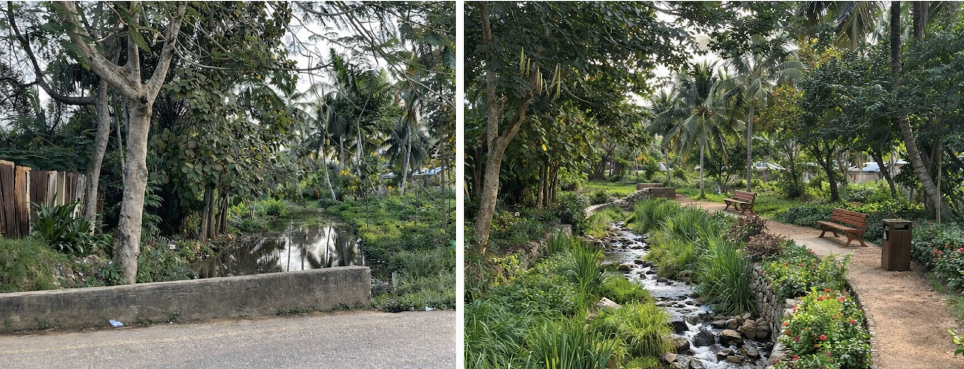 Before and after, a restored waterway in Ghana